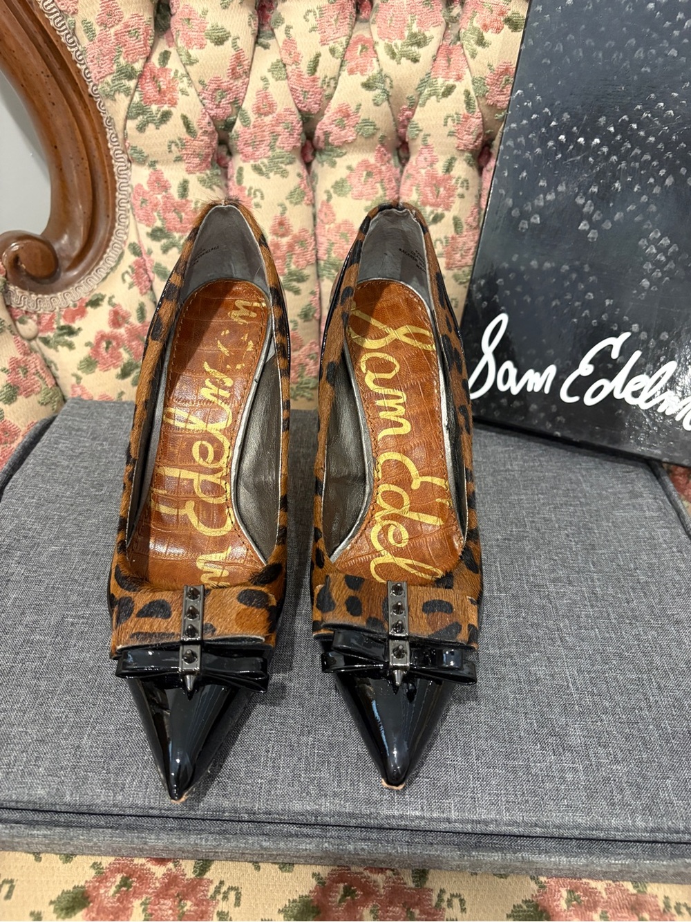 Sam Edelman Leopard-Print Pointed Toe Pumps with Black Patent Cap